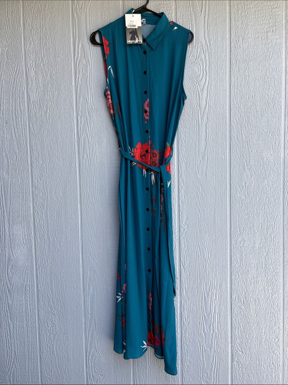 Sleeveless Teal Floral Button-Front Maxi Dress with Tie Waist